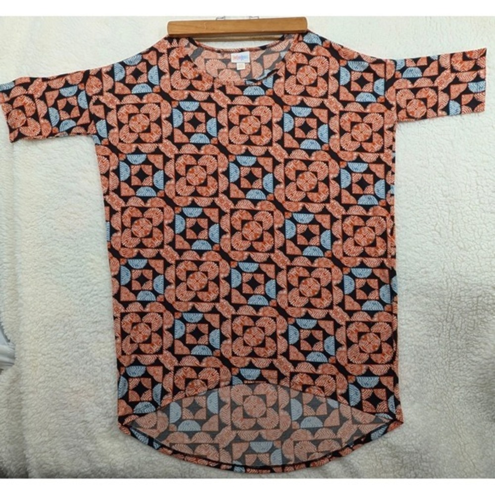 LuLaRoe Irma Tunic Top XXS Orange Blue Geometric High Low Short Sleeve
